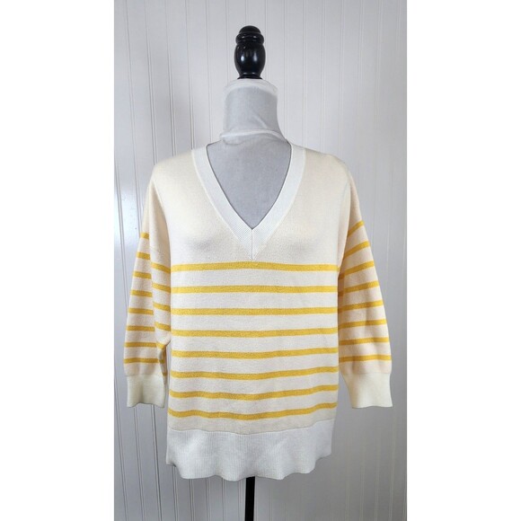 Philosophy White & Yellow Striped V Neck 3/4 Sleeve Sweater Women's Size 1X - Picture 2 of 16